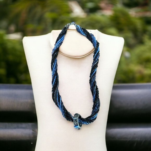 Multi Strand Blue Shades Seed Beads ReMovable Ring Necklace with Blue Stones 15” - Picture 1 of 7